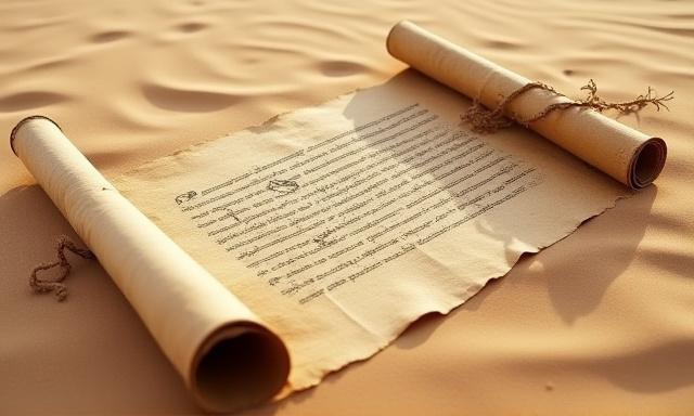 Alte, handgeschriebene Schriftrollen auf Sandflächen, die Sandskripten der Weisheit symbolisieren.