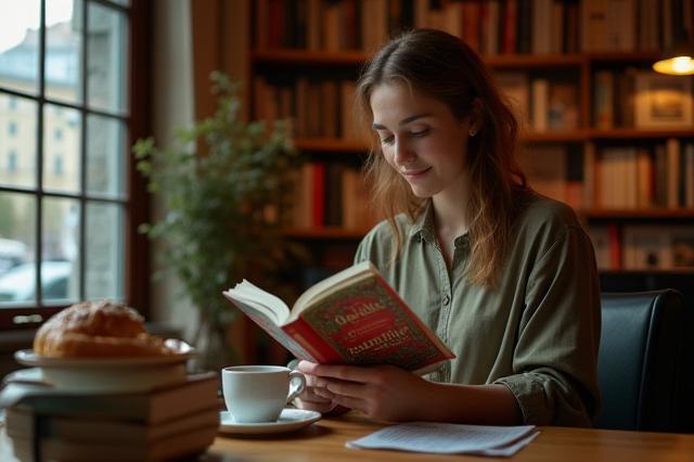 Ein gemütliches Wiener Café, das an einen Büchershop angeschlossen ist, mit einer jungen Frau, die ein Oasenbuch liest.